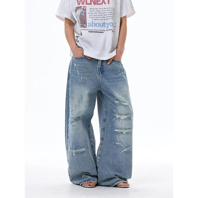 2026 Summer Gothic Ripped Mans Blue Jeans American Vintage Streetwear Y2K Wide Leg Jean 2000s Trouser Baggy Denim Pants 260613