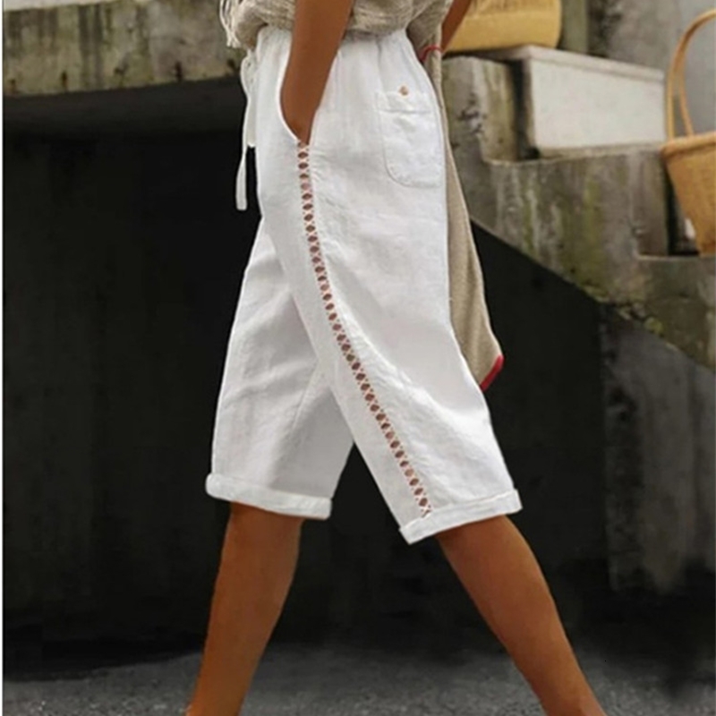 Cotton Linen Women Short Pants Summer Solid Elegant Pockets Drawstring Lace Patchwork Ladies Casual Streetwear Shorts Bottom 260612