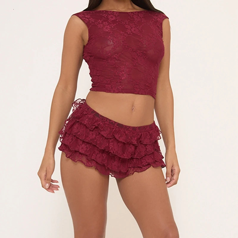 Women 2 Piece Outfits Coquette Lace Backless Crop Tank Tops Low Rise Multi-layers Frill Shorts Festival Rave Matching Set 260612