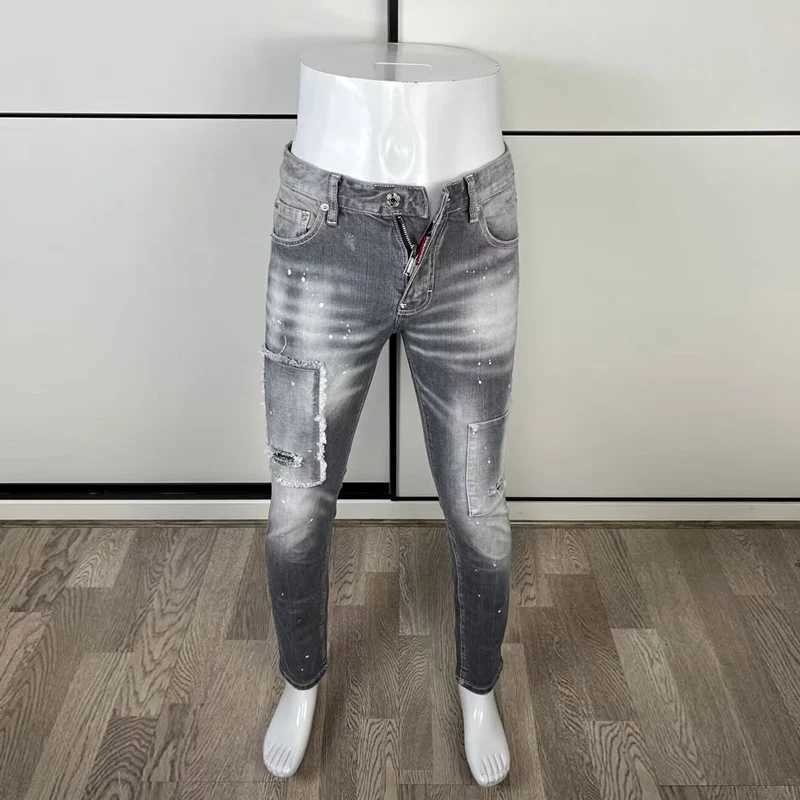 Latest designer high street fashion new mens jeans painted elastic slim fit washed vintage gray jeans hip-hop brand pants hombr T260410