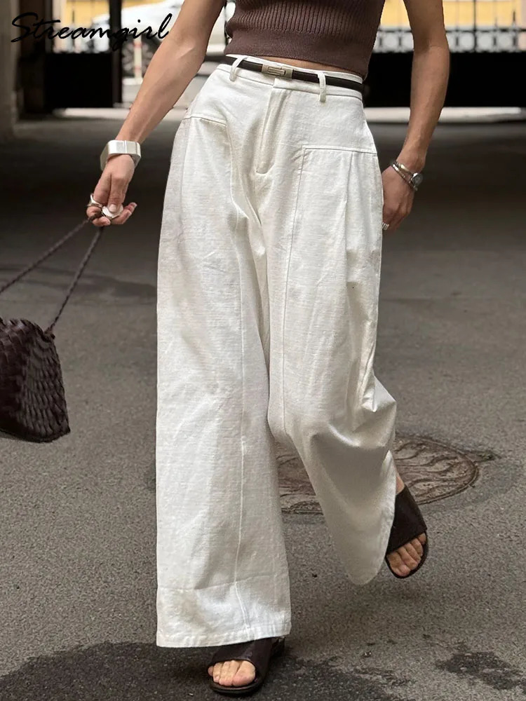 White Cotton Linen Pants Women Wide Leg Formal Trousers Summer Straight Leg Suit Pants High Waist Ladies Formal Pants Loose 260612