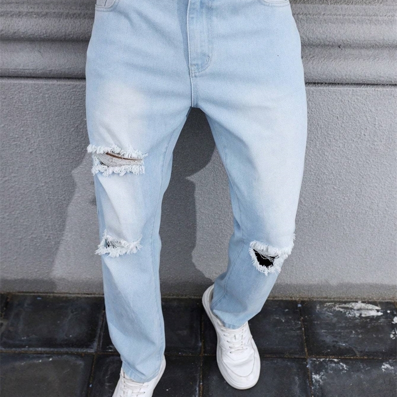 Mens Light Blue Ripped Jeans for Spring and Autumn Casual Denim Trousers Street Daily 260612
