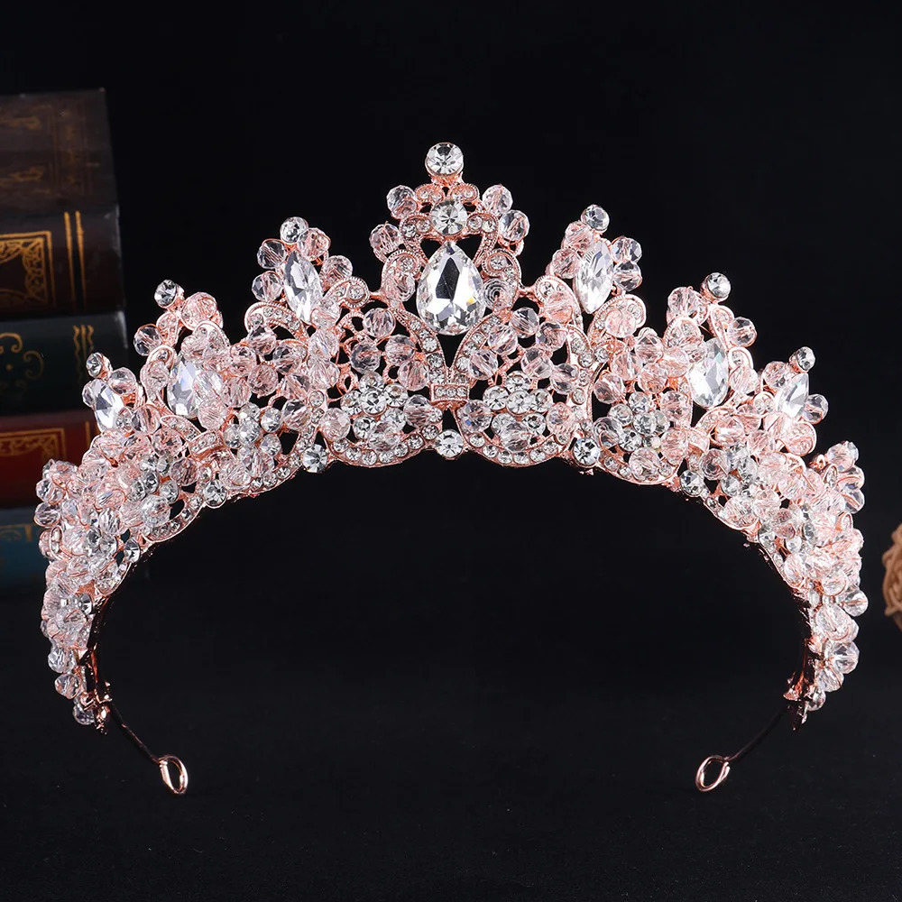 Baroque Vintage Rose Gold Color Crystal Beads Bridal Crown Headwear Rhinestone Tiaras For Women Wedding Hair Accessories Jewelry 260612