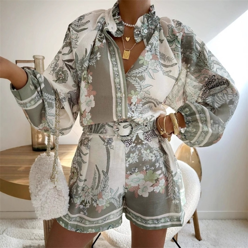 Summer Linen Elastic Waist 2 Piece Sets Sweet Ruffled Neck Floral Shirts Top Short Pant Suit Casual Holiday Outfits Loose Hawaii 260612