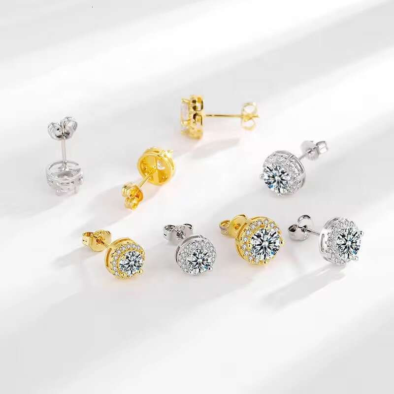 Wholesale 18K women's fashion high-end full-diamond princess round earrings, unisex trendy hip-hop earrings
