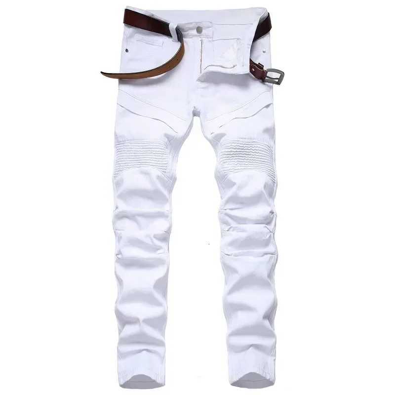 New Mens Slim Jeans White Motorcycle Trendy Casual Patchwork Denim Trousers Fashion Tight Folding Male Pants without Belt T260410