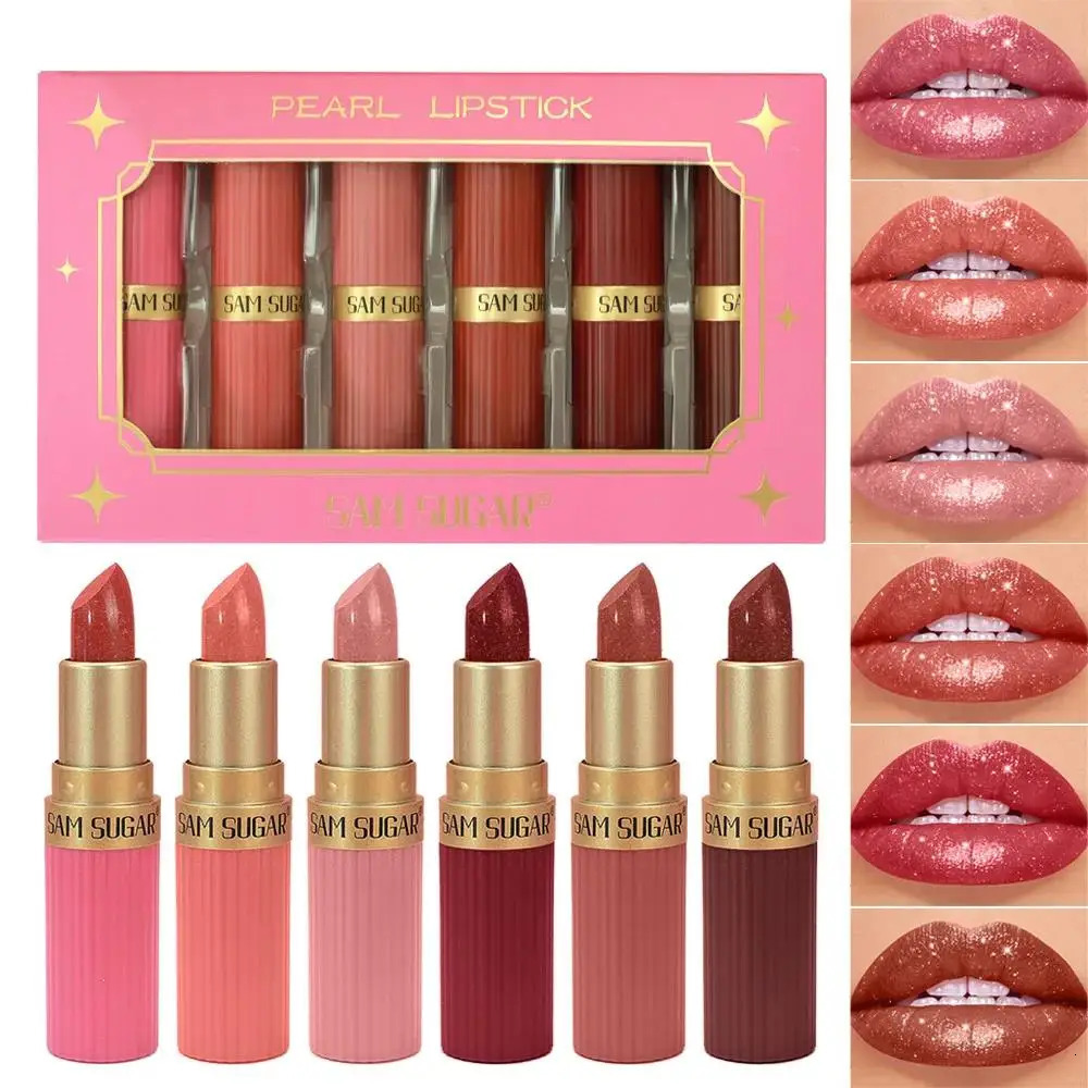 6pcs Diamond Pink Lipstick Set Chocolate Brown Metallic Glitter Long Lasting Shimmer Pearl Sparkling Lip Gloss Makeup 260613