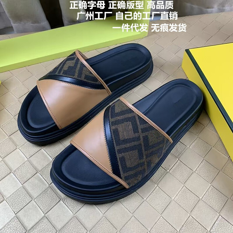 Top Quality Designer FD Letter Old Flower Genuine Leather Printed Thick Sole Mens Slippers Summer Cambodia Phnom Penh Nigeria One-Word Slippers