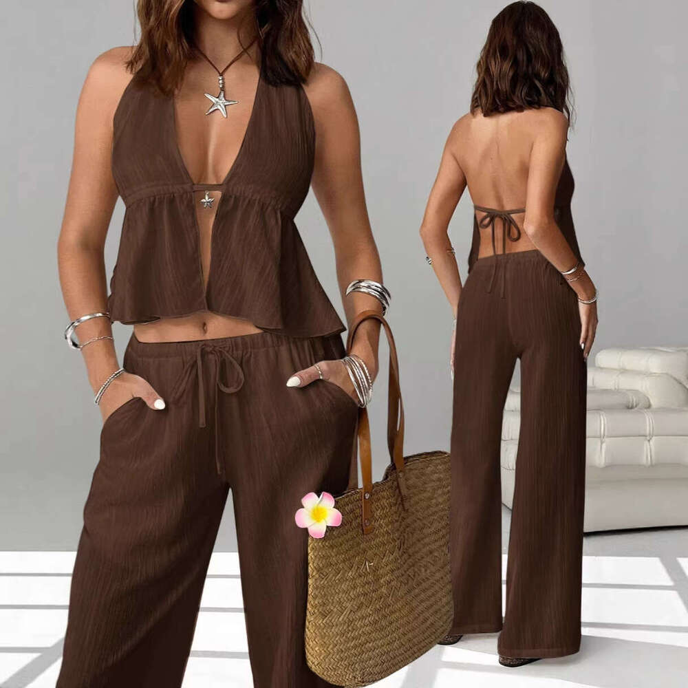 Women Halter Neck Strap Sleeveless Slim Fit Vest Set Spring Summer Casual Versatile Top MAKOUFEI