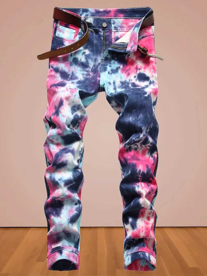 Europe and America wind new mens high street jeans tie-dyed red and blue contrast elastic street motorcycle youth fashion casua T260410