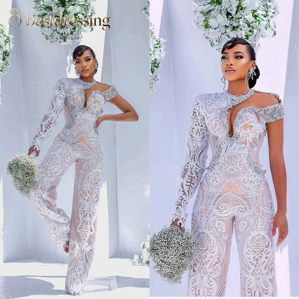 Country Wedding Jumpsuits Dress One Shoulder Beading Bridal Gowns Lace Long Sleeve Elegant Birde Dresses Bd613