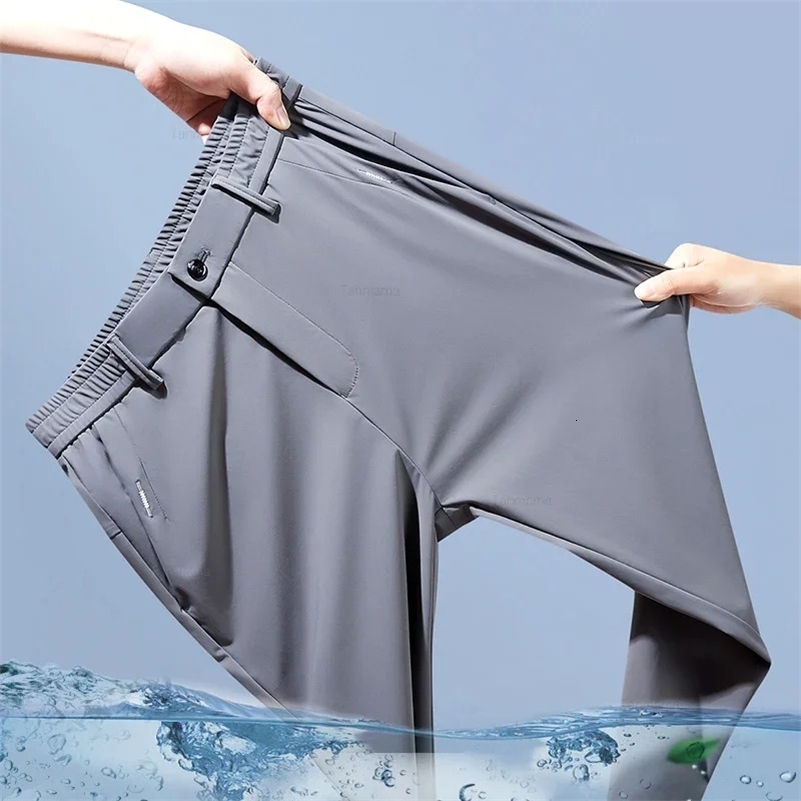 Ultra-thin Elastic Mens Casual Trousers Summer Quick-drying Ice Silk Slim Straight Business Solid Color Trousers Black Gray 260612