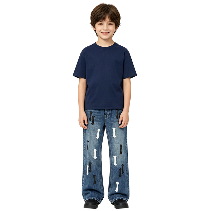 Designer Kids Jeans Kids Bone Patch Denim Jeans Straight Leg Washed Blue Denim Pants Casual Streetwear Style With Contrast Color Appliques For Boys