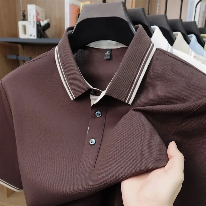 High end short sleeve polo shirt men fashion summer comfortable breathable cotton solid color business casual lapel Tshirt 260613