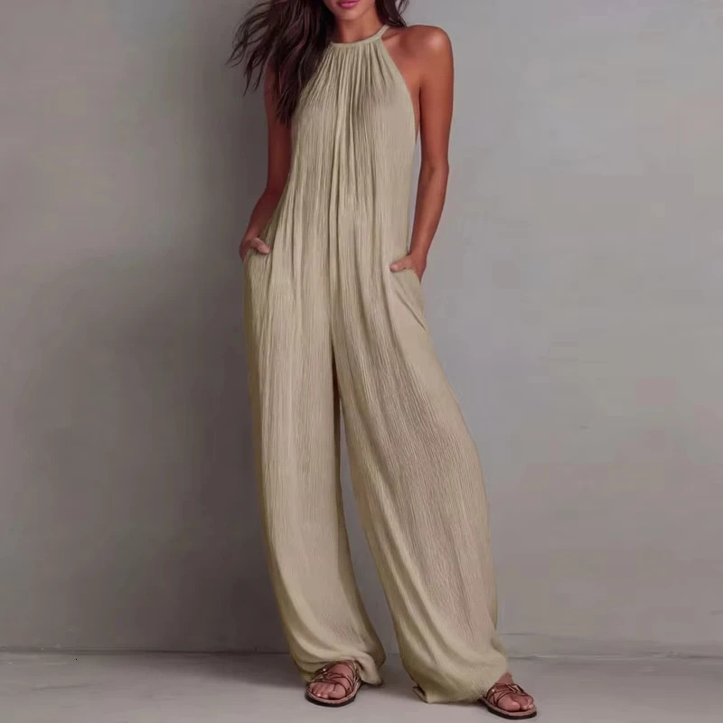 Womens Halter Sleeveless Jumpsuit Beach Vacation Textured Overalls with Pockets Wide Leg Romper Casual Spring Summer Outfit 260609BANJIA
