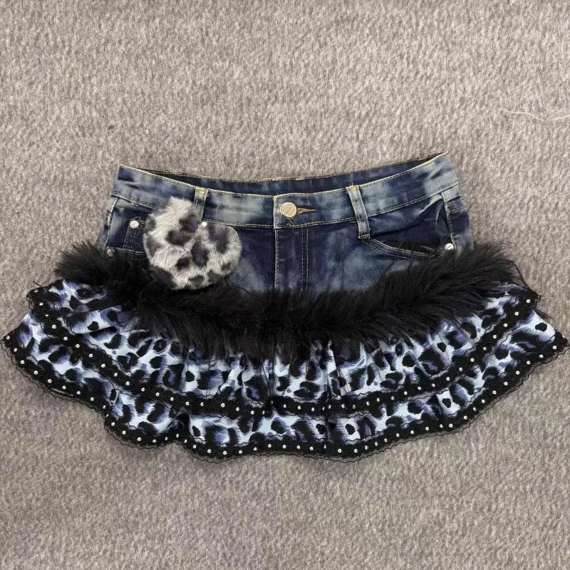 Summer Y2K Vintage Black White Leopard Print Denim Skirt Women Punk Vintage Fashion Mini Skirt Alternative Grunge Streetwear 260612