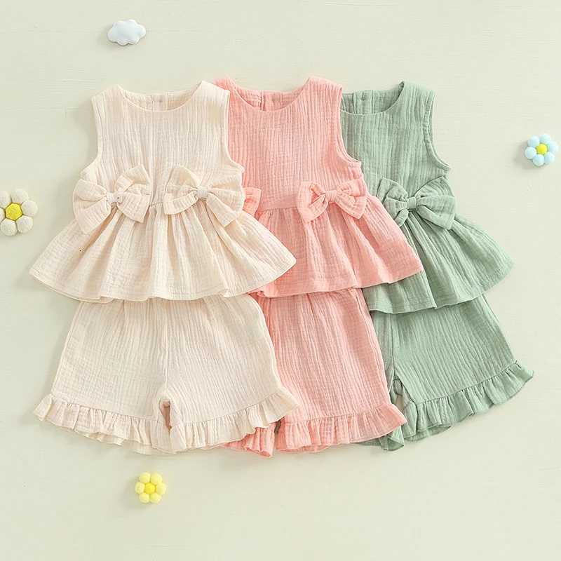2024-12-24 Lioraitiin Toddler Baby Girl Summer Clothes Solid Color Bow Round Neck Tank Tops Elastic Waist Ruffled Shorts SetT260613