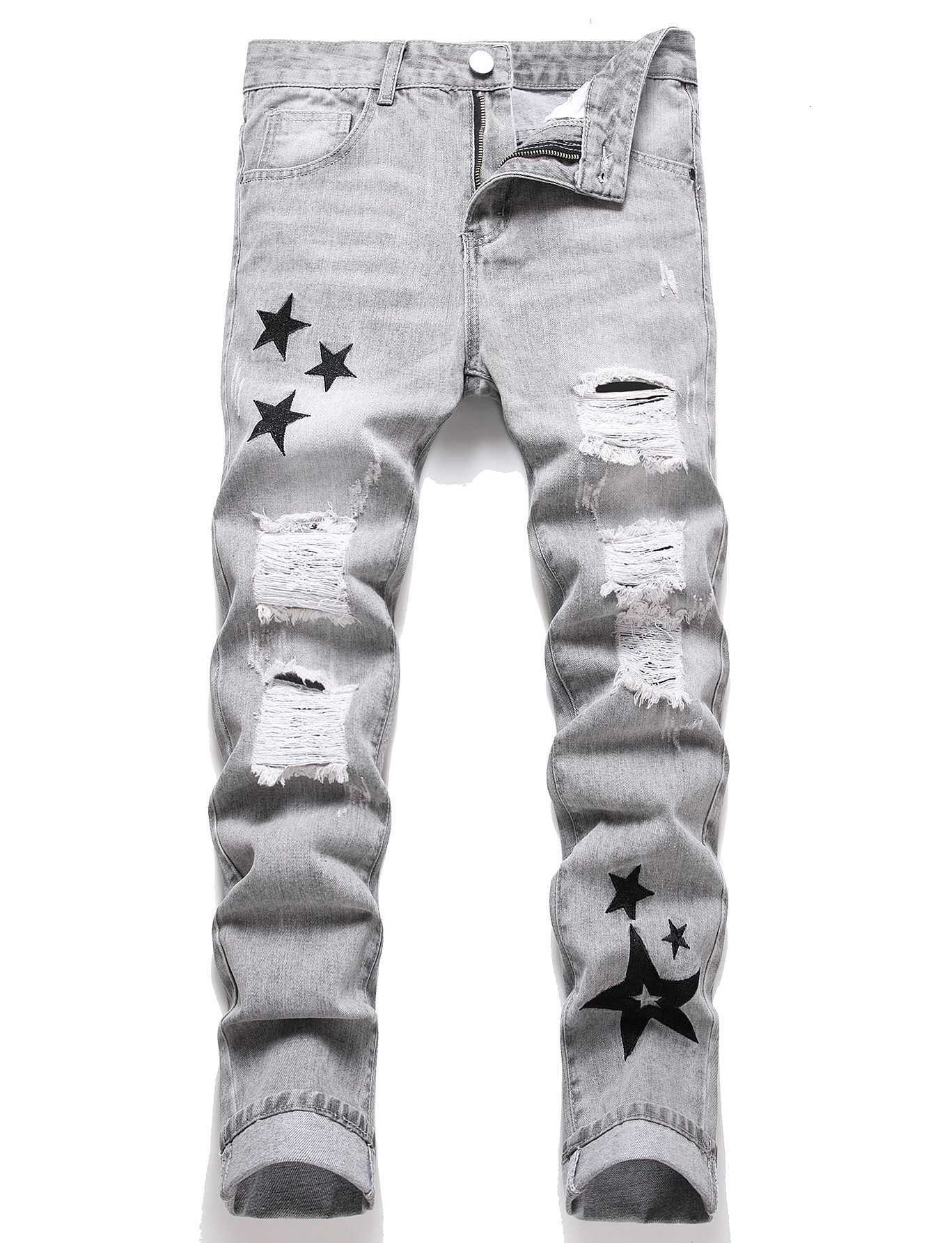 Y2K Mens Jeans - Fashionable Gray Mid-Rise Straight-Leg Ripped Embroidered Vintage Washed Street Denim T260410
