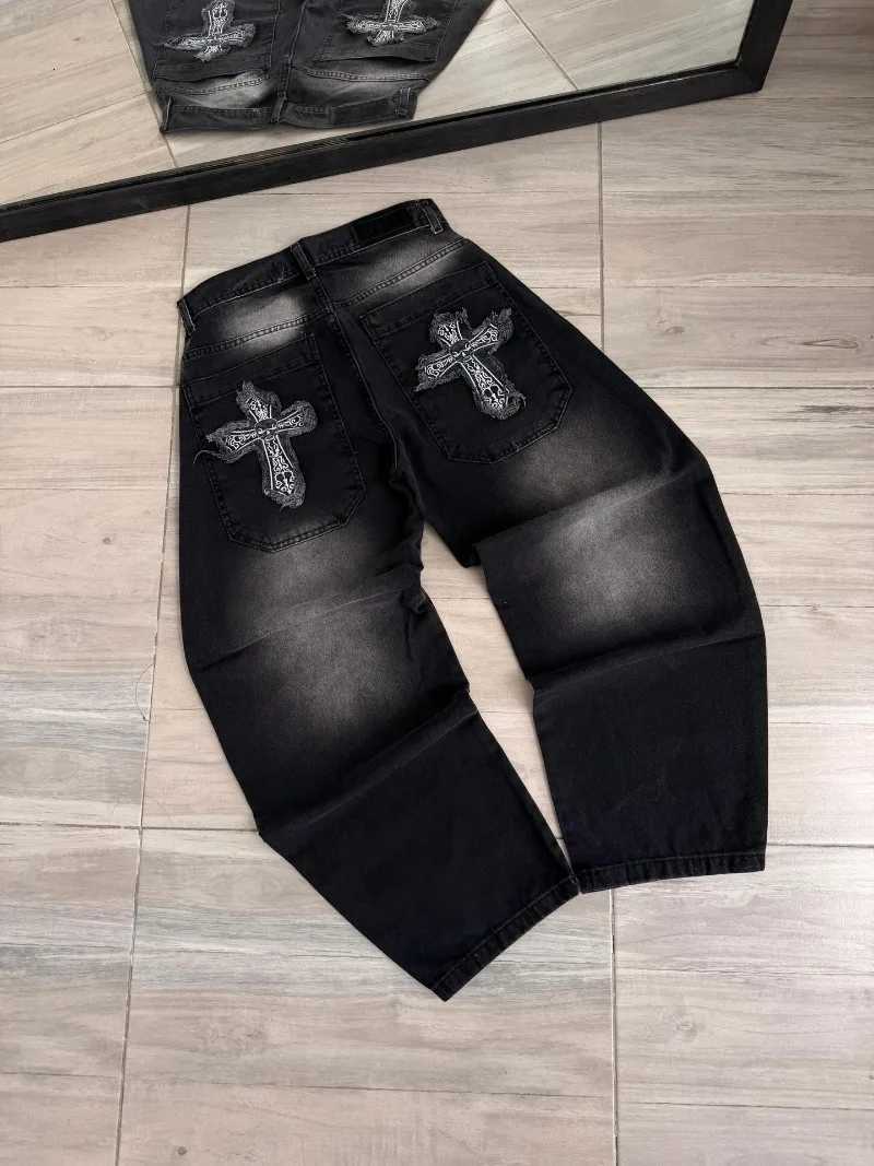 Vintage Hip Hop Popular New Fashion Pattern Embroidery Patch Washed Jeans Men Y2K Harajuku Straight Wide-leg Trousers T260410
