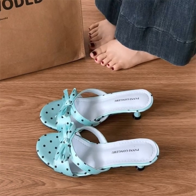 Street Style Satin Butterfly-knot Women Slippers Fashion Polka Dot Thick Heels Party Dress Slide Ladies Summer Polka Dot Shoes 260612