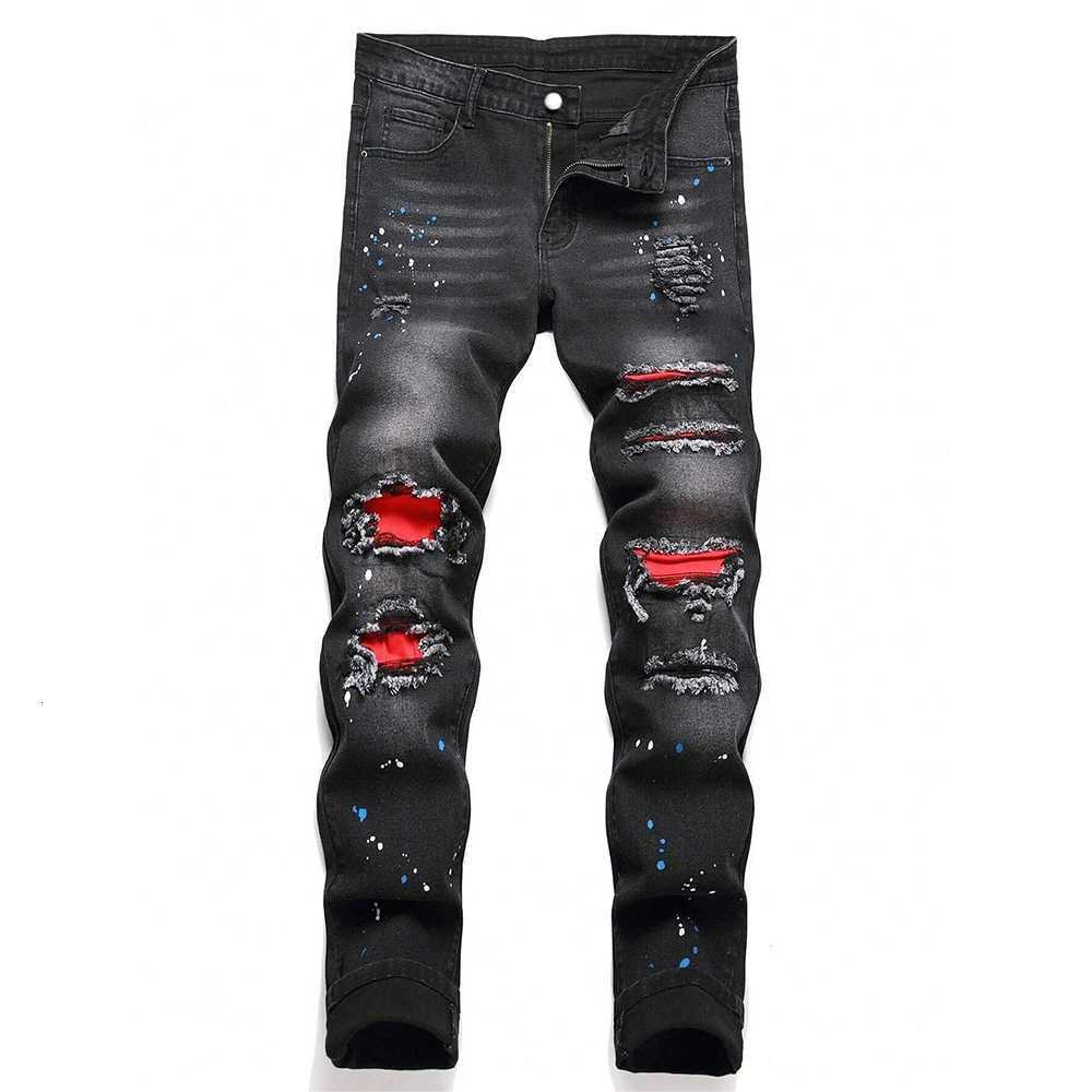 Mens Y2K Fashion Ripped Patchwork Hole Straight Black Jeans Slim Fit Stretchy Skinny Denim Pants Casual Hip Hop Brand Trousers T260410