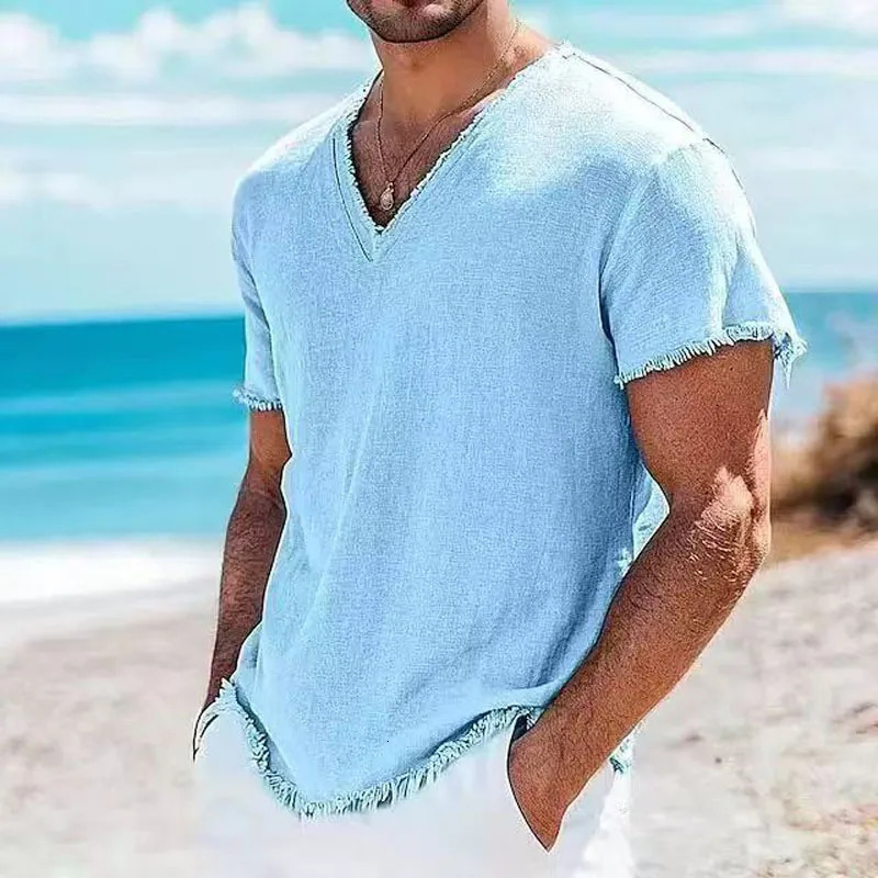 Summer Fashion Men Cotton Linen Shirts Vintage Solid Casual Loose Tassel Tops V-neck T-shirts Short Sleeve Tees Shirts For Male 260612