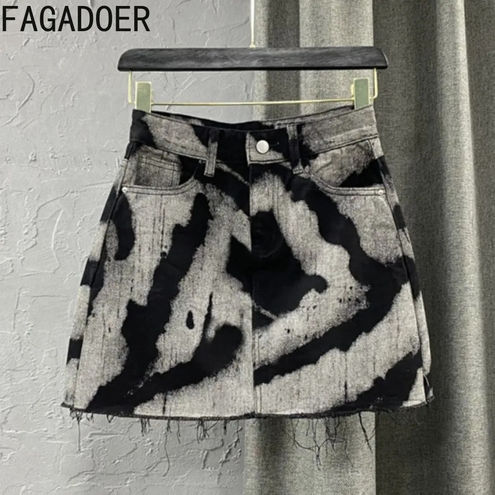 FAGADOER Gray Tie Dye Printing Fashion Denim Mini Skirts Women High Waist Button Pocket A-line Jean Skirts Sexy Y2K Streetwear 260612