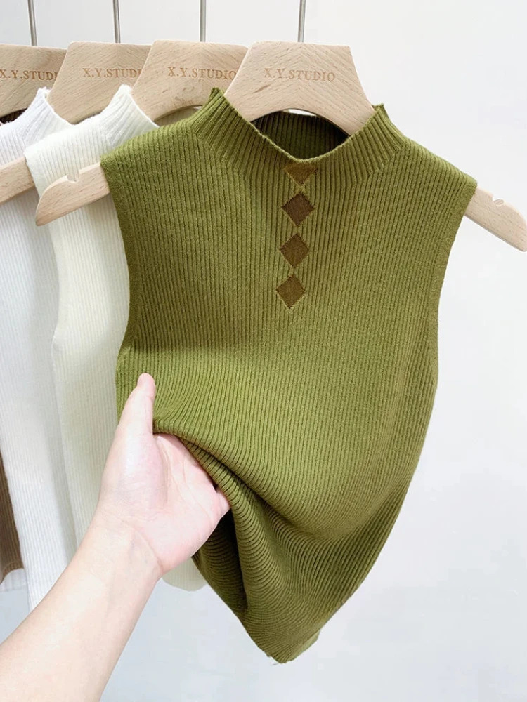 Y2K Mesh Knitted Top Women Tank Half Neck Vest Female Sleeveless Sweater Chic Cut Out Streetwear Solid Skinny Tube 2026 260612BANJIA