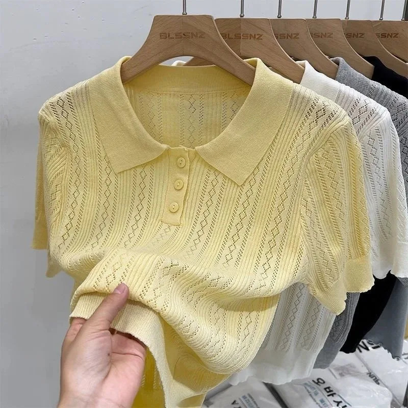Summer Womens Thin Knit Polo Shirt HollowOut Short Sleeve Top Knitted Tshirts for Women Korean Fashion Elegant Knitwear 260613