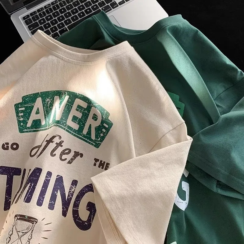 M-8XL Korean Loose Fitting Fashionable Trend American Vintage Letter ANER Print T-shirt with Men Versatile Couple Outfit 260610
