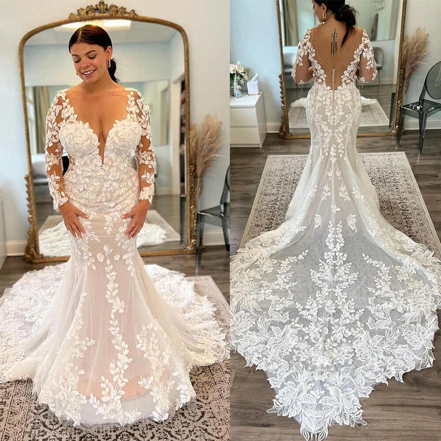 Plus Size Boho Wedding Dress 2026 With Appliques Lace Long Sleeve Mermaid Church Bridal Gowns Court Train Beach Women Chic Bride Dresses Appliques v