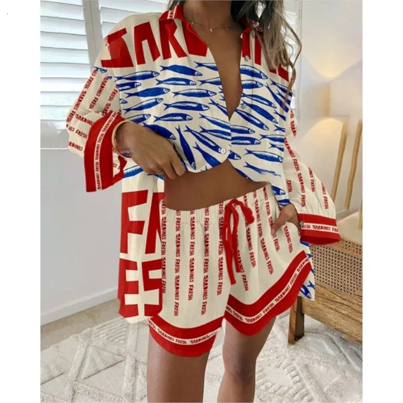 Fashion Print Beach Holiday 2 Piece Set Women Summer Short Sleeve Shirt Top Wide Legs Shorts Womens Oversize Two Piece Outfit 260612