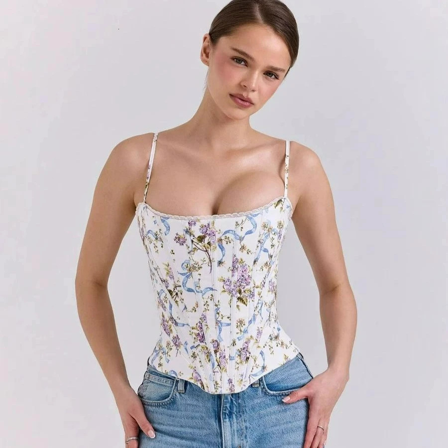 Suninbox Summer Romantic Floral Corset Top Adjustable Strap Lace Trim for Women Date 260613