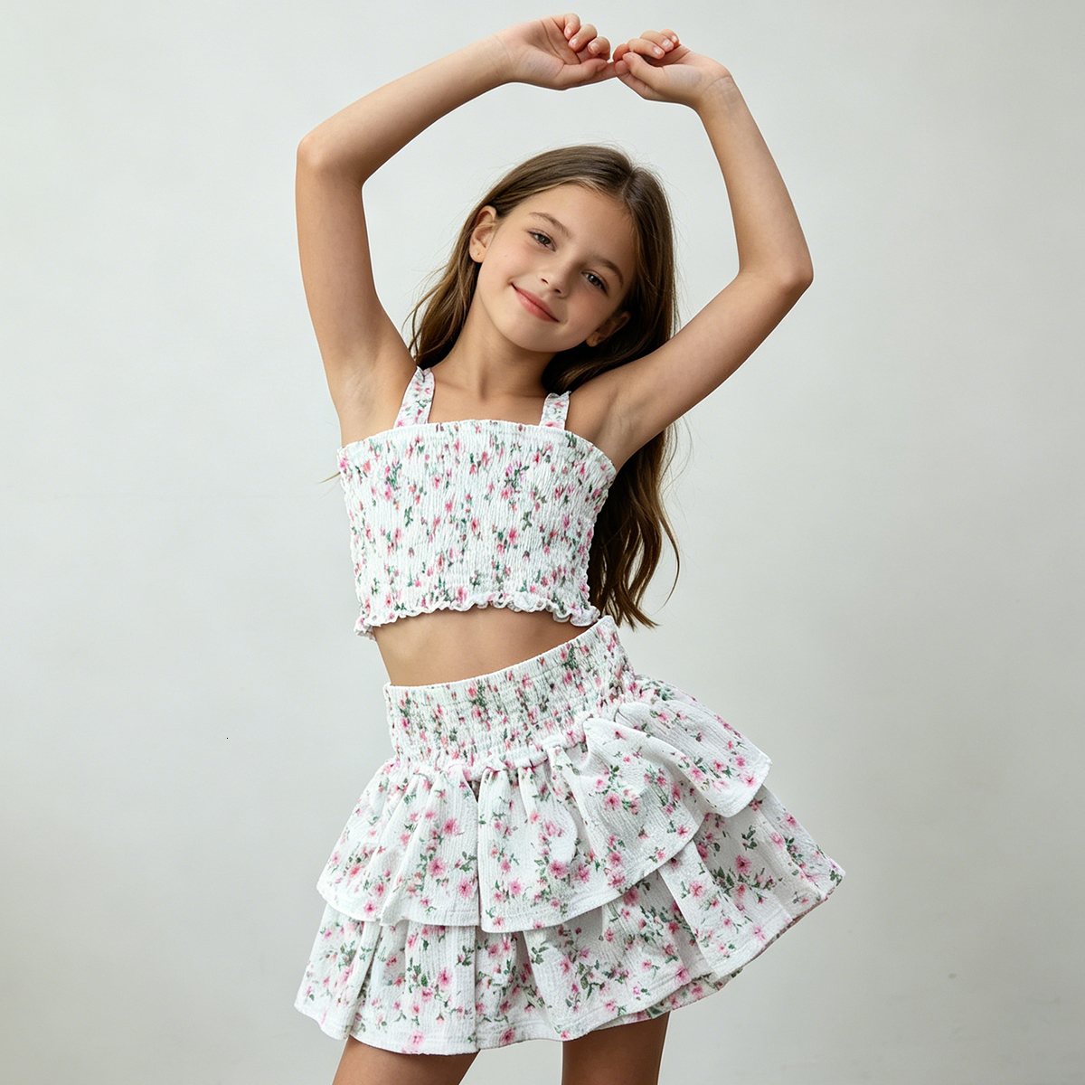 Girls Floral Print 2 Piece Outfit Smocked Spaghetti Strap Crop Cami Top + Layered Ruffle Skirt Kids Summer Casual Matching Clothes Set
