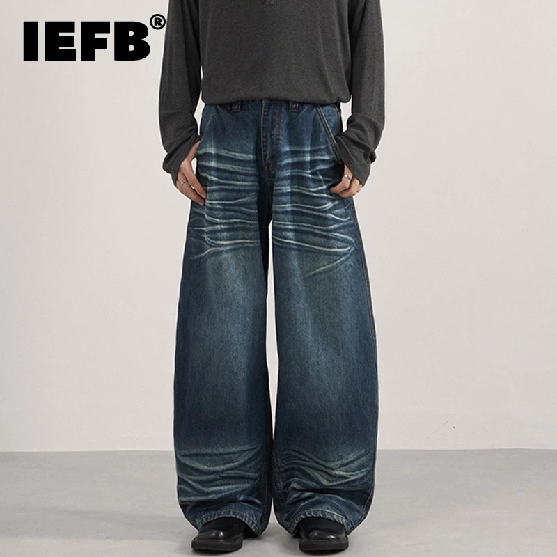 IEFB Niche n Mens Jeans Washing Contrast Color Moustache Effect Bottom Loose Wide Cleanfit Male Denim Pants Autumn 9W4162 260610