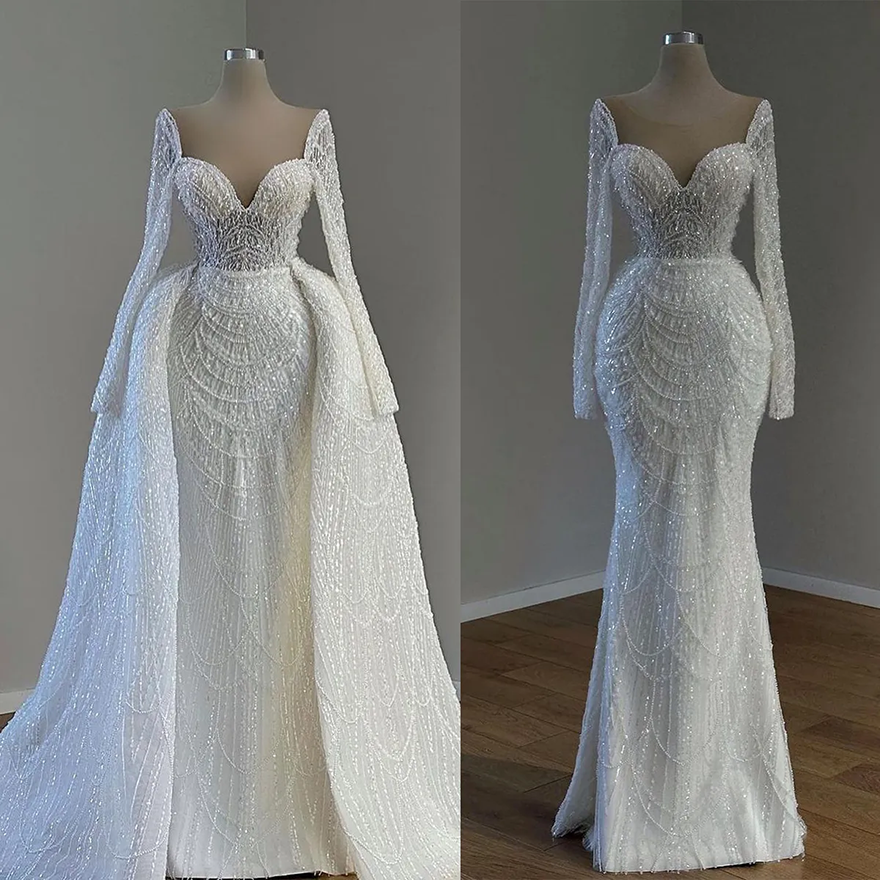 Gorgeous Mermaid Wedding Dresses Detachable Train Pearls Sequins Bridal Gowns Beaded Long Sleeve Bride Dresses Custom Made QA259