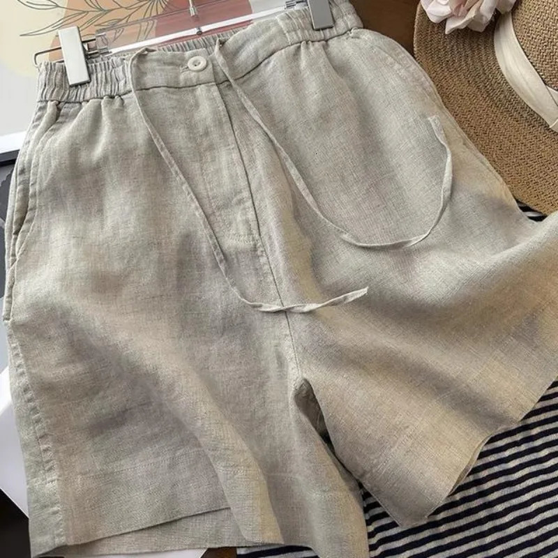 Japanese Simple Solid Color Pure Cotton Linen Casual Versatile Straight Elastic Waist Shorts Womens Middle Pants 260612