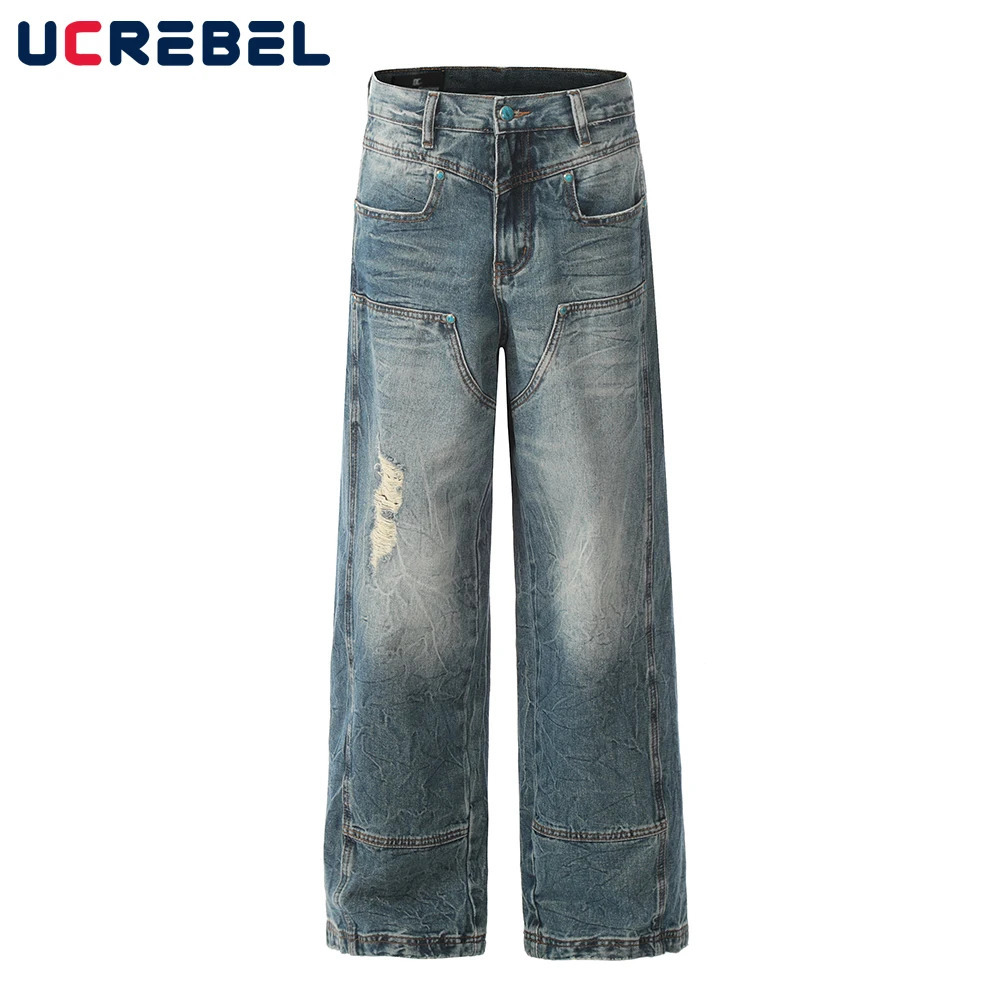 Ripped Double Knee Jeans Mens Washed Distressed Loose Straight Wide Leg Spliced Denim Pants Men 260610