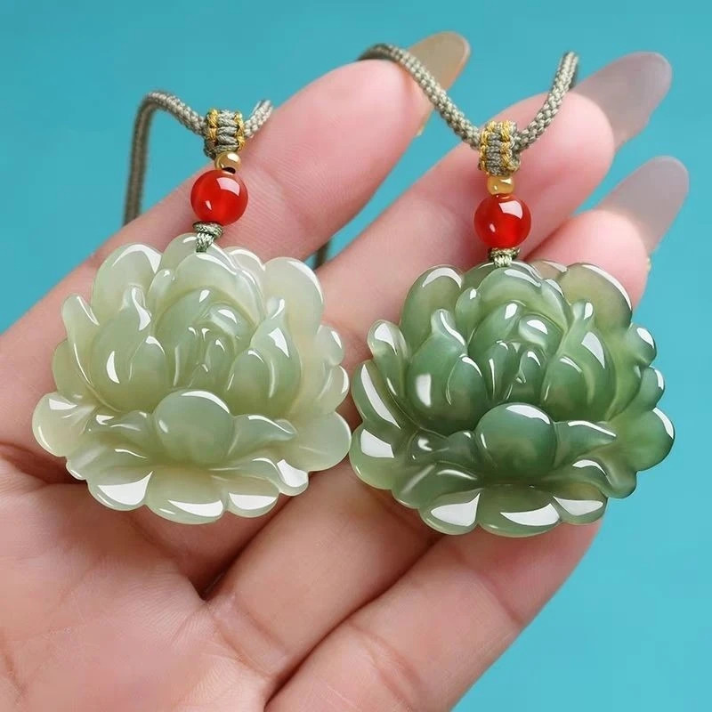an Jade Lotus Flower Pendant Charm Jadeite Green Stone Natural Emerald Necklace Gift Women Men Talismans Necklace Jewelry 260612