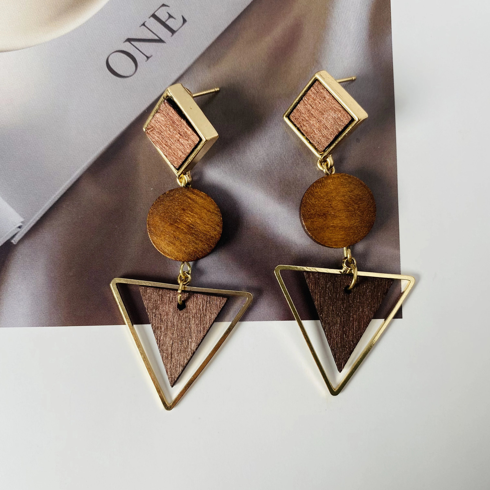 Korean Version Retro Style Natural Wood Geometric Triangle Round Earrings Long Temperament Generous 260612
