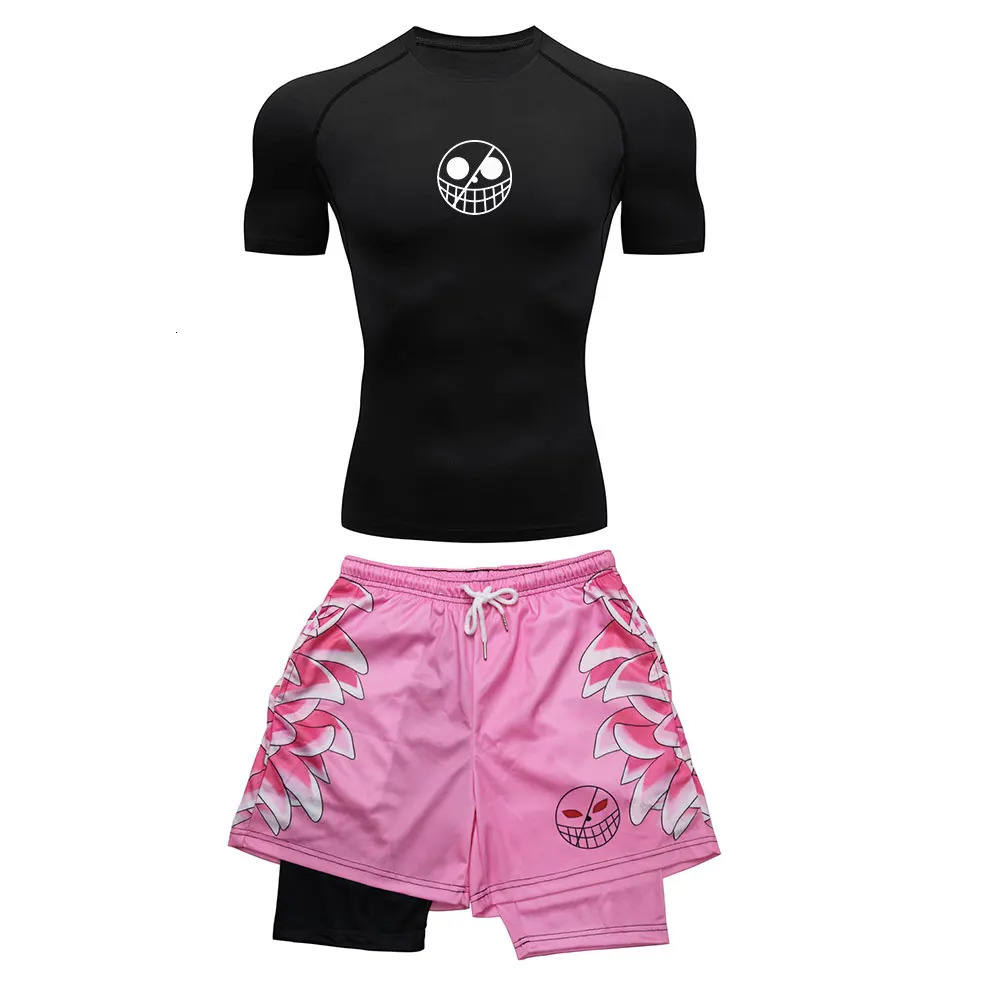 Mens Running Tracksuit Anime Print Training Fitness Sportswear Set Compression Leggings Sport Gym Performance Shorts Rash Guard 260608