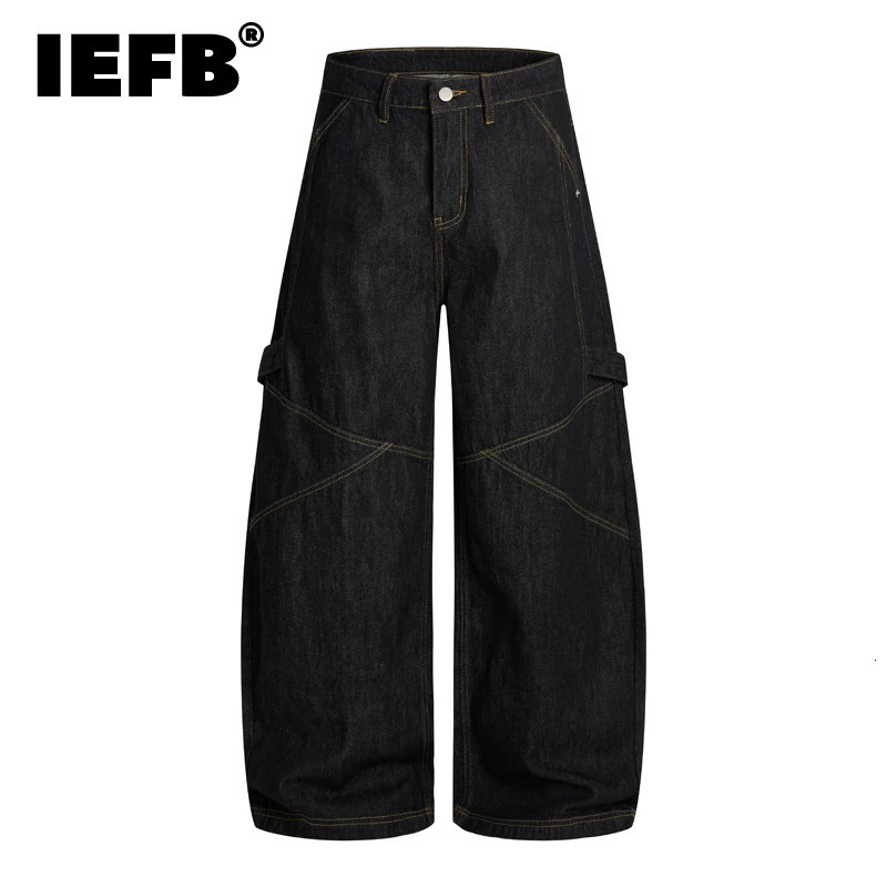 IEFB Vintage American Style Trendy Black Mens Boot Cut Jeans Visible Stitching Loose Fit Functional Denim Long Apnts 9X2469 260610