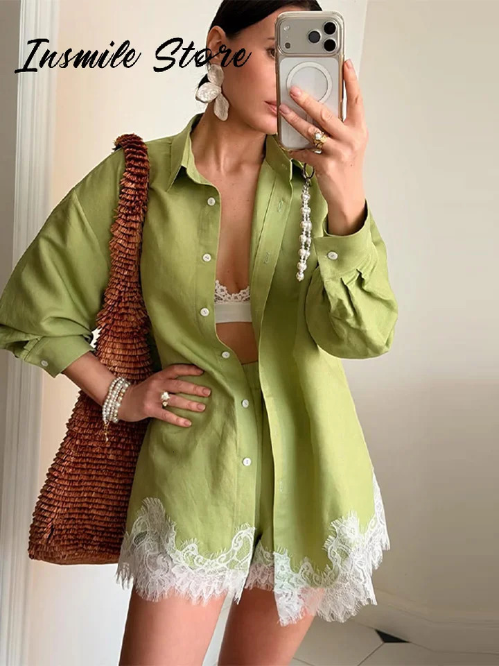 Casual Womens Lace Patchwork Shorts Sets Lapel Single Breasted Full Sleeve Shirts Loose Short Pants Summer Beach Suits 260612