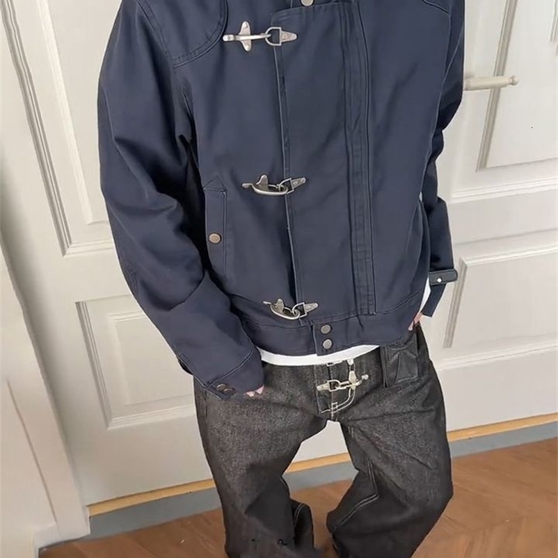 Vintage Airplane Buckle Stand Collar Coat Men Washed Jacket Cropped Oversized Cargo Outerwear Spring Fall Distressed Jacket 260604