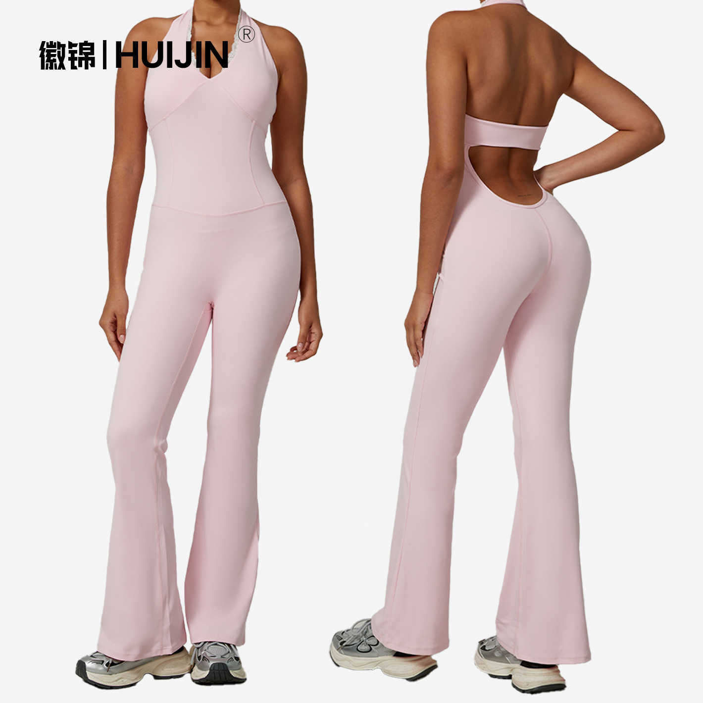 Hot Xiyin Item V-Neck Lace One-Piece Yoga Suit Beautiful Back Tight-Fitting Quick-Dry Sports Fitness Flared Long Pants One-Piece Pants L260612