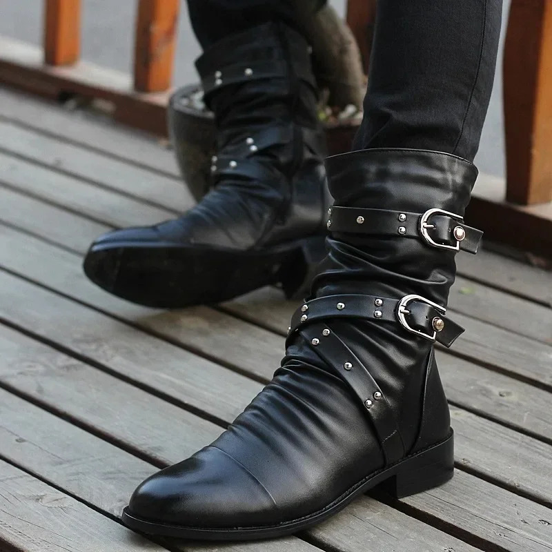 Winter Pointed Toe Mens Mid-calf Boots Buckle Strap Chelsea Boot for Men Leather Mens Motorcycle Boots High Top Man Winter Shoe 260613