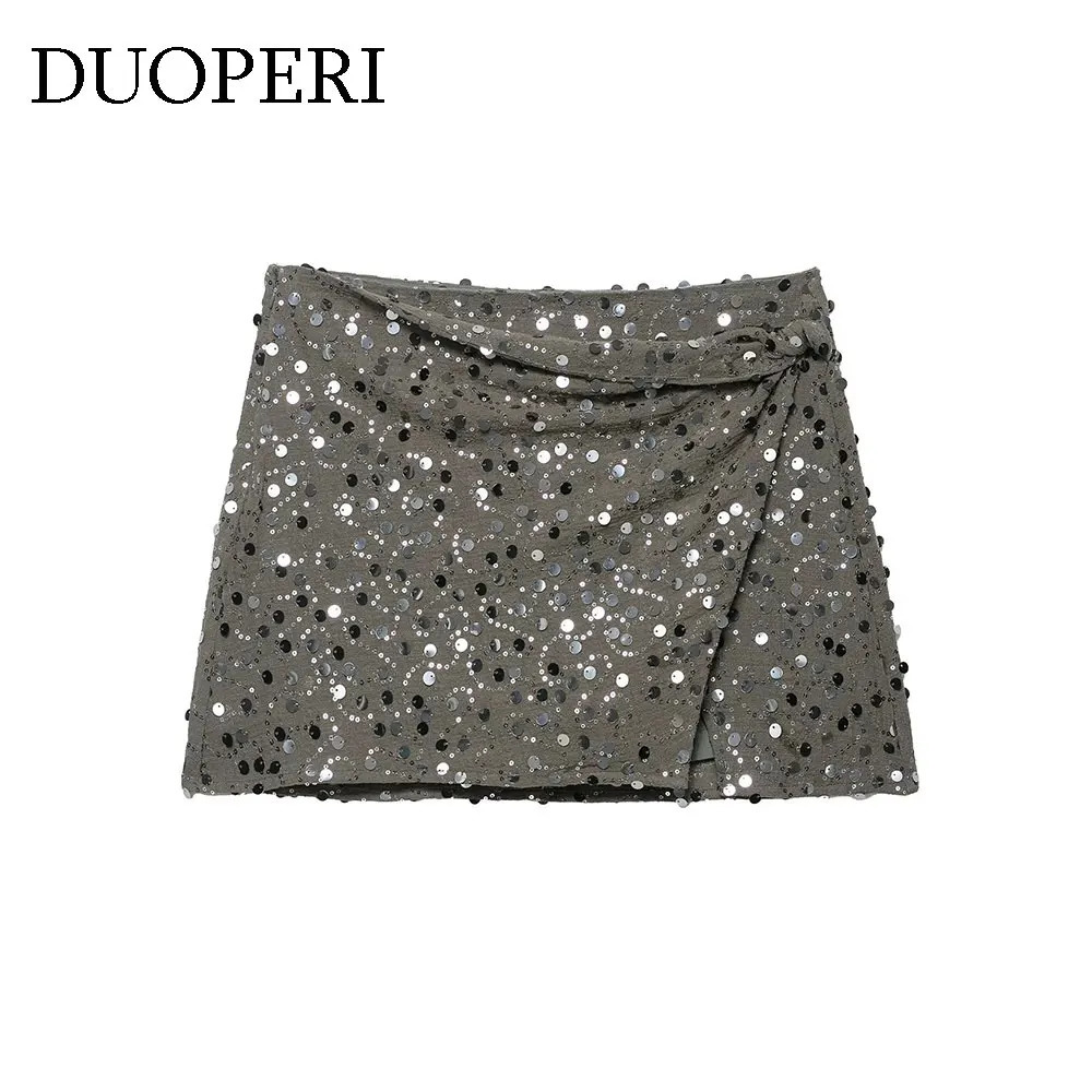 DUOPERI Y2K Womens A-Line Mini Skirt Fashion With Sequined Side Zipper High Waist Female Chic Lady Casual Skirts 260612