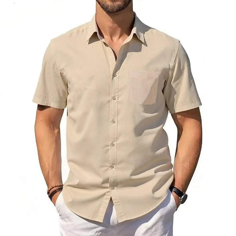 Mens Short Sleeve Shirt Summer Cotton Linen T-shirt S Lightweight Breathable Beach Tops Turn Down Collar Casual Button Up 260612