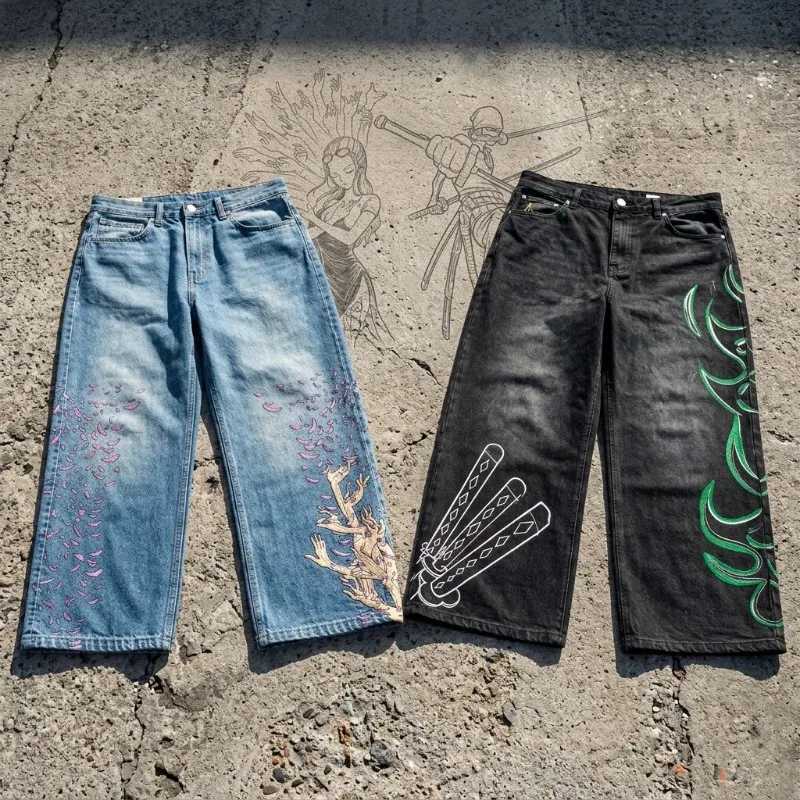 Jeans con grafica anime a gamba larga da uomo streetwear pantaloni in denim larghi Hip Hop Harajuku Y2K pantaloni dritti larghi donna stampa unisex