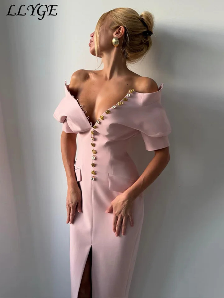 Elegant Solid Buttons Long Dress Women Waist Cinched Shoulder Pads High Collar Slit Dresses 2026 Spring Summer Lady Party Robes 260613